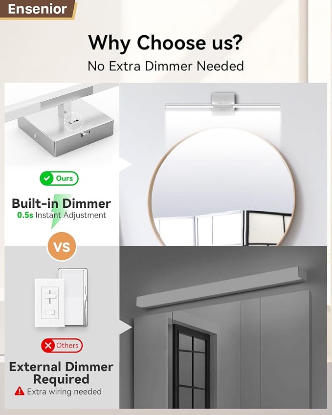 Ensenior Modern Vanity Light 24 Inch, Built-in Dimmer, 14W Dimmable 5CCT LED Light Fixture Over Mirror, Matte Grey Bar for Bathroom Mirror Cabinets Bedroom-FCC Certificated