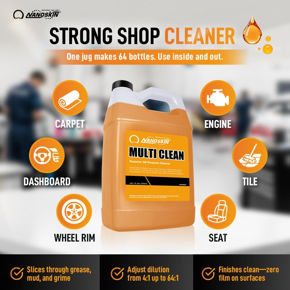 Nanoskin MULTI CLEAN All Purpose Concentrated Cleaner 30 Gallons –Removes Dirt, Grease & Stains on Counters, Carpet, Floors, Fabric, Equipment & Vehicles | Use with Sprayers, Scrubbers, Washers & More