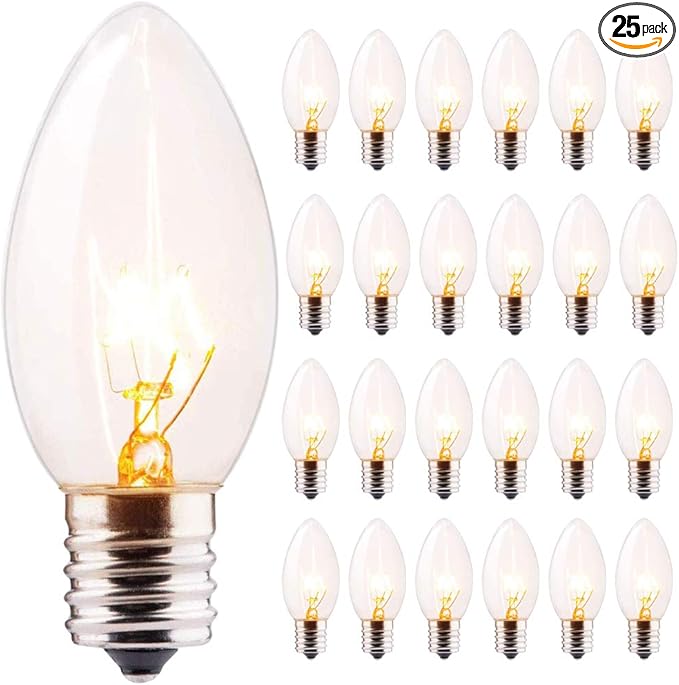 GOOTHY 25 Pack C9 Clear Christmas Replacement Light Bulbs, C9 Incandescent Replacement Bulbs for Outdoor Christmas String Lights, E17 Intermediate Base, 120V 7W Bulb, Warm White Night Light Bulbs
