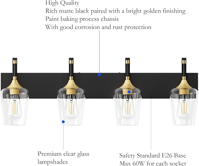Ralbay Black/Gold Bathroom Vanity Light 4-Lights Industrial Black Vanity Lights Clear Glass Vintage Edison Wall Mount Light Fixtures for Bathroom