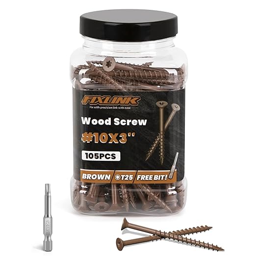 Wood Screws 3 Inch, FIXLINK Deck Screws #10 x 3, 105 PCS, Epoxy Coated, T25 Star Bit Above 1500 Hour Salt Spray Coating Outdoor Decking Screws Excellent Rust Resistant for Wood Fence, Brown
