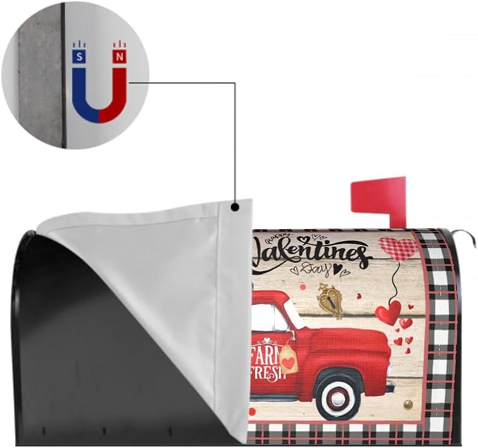 Valentines Day Mailbox Cover Magnetic Standard Size 25.5 x 21 Inch Love Hearts Red Truck Black White Buffalo Plaid Valentines Decoration Mailbox Cover Romantic Post Box Cover Wraps Garden Yard Decor