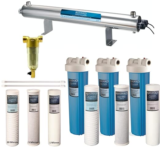 Bluonics Complete Well Water Whole House Water Filtration System 3-Stage with 110W UV 24GPM and 40 Mic Pre Filter and One Extra Filters Sets, Activated Carbon Block, Sediment 20mic and 5mic Filters
