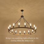 16-Light Wood Wagon Wheel Chandelier Farmhouse Natural, 43.3'' Black Metal Pendant Chandeliers Wooden Rustic Light Fixtures for High Ceiling Living Dining Room Foyer Entryway