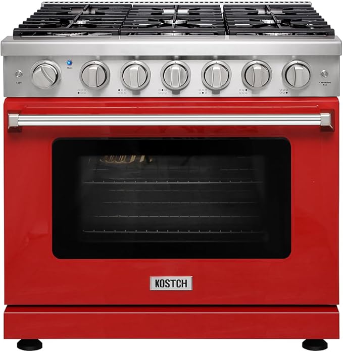 36 inch Professional Freestanding Pro-Style Natural Gas Range or Liquid Propane Gas Range with 6 Burners, 6.0 cu.ft. Oven Capacity, in Stainless Steel - KOS-36RG03M (Red)