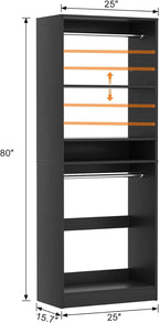 Unikito Freestanding Closet System, 25” Closet Organizer Wardrobe with Hanging Rod & Shelves, Adjustable Clothes Garment Rack, Sturdy Walk in Towers, Easy Assembly, 25" W x 16" D x 80" H, Black