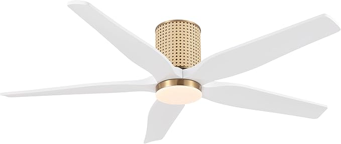 54" Ceiling Fan with Light - Low Profile Flush Mount Ceiling Fan, 6-Speed Remote Control, Solid Wood, Quiet Reversible DC Motor, White/Gold Finish, for Bedroom, Living Room, Porch
