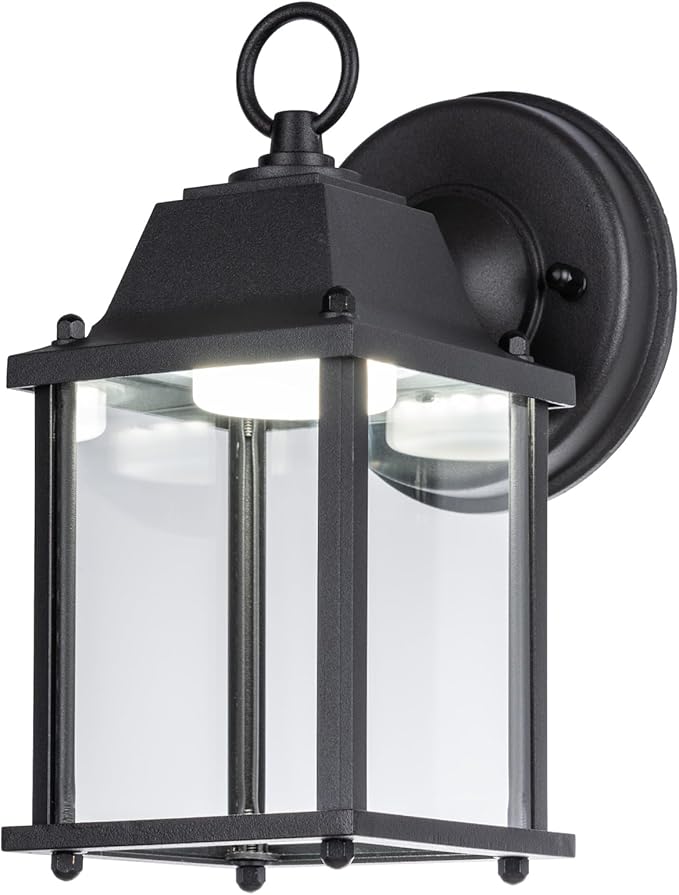 LIT-PaTH Outdoor LED Wall Lantern, Wall Sconce as Porch Lighting Fixture, 5000K Daylight White, 9.5W 800 Lumen, Aluminum Housing Plus Glass, Black Finish, 1-Pack