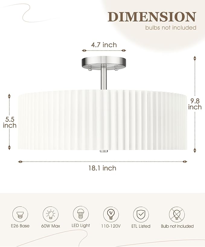 Semi Flush Mount Ceiling Lights, 4-Light 18" Ceiling Light Fixture with White Pleated Fabric Shade, Brushed Nickel Drum Lamp for Nursery Hallway Bedroom Kitchen, AD-25036-4SF-SN