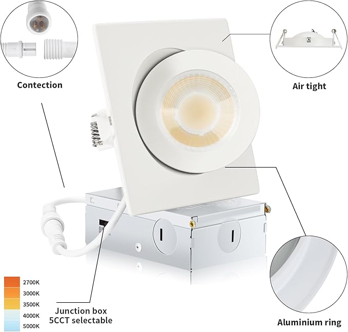 Square GimbalRecessed Lighting 4 Inch 6 Pack, Ajustable Eyeball recessed Light with Junction Box,5 Color Selectable,Airtight,9W 750LM,Dimmable,White