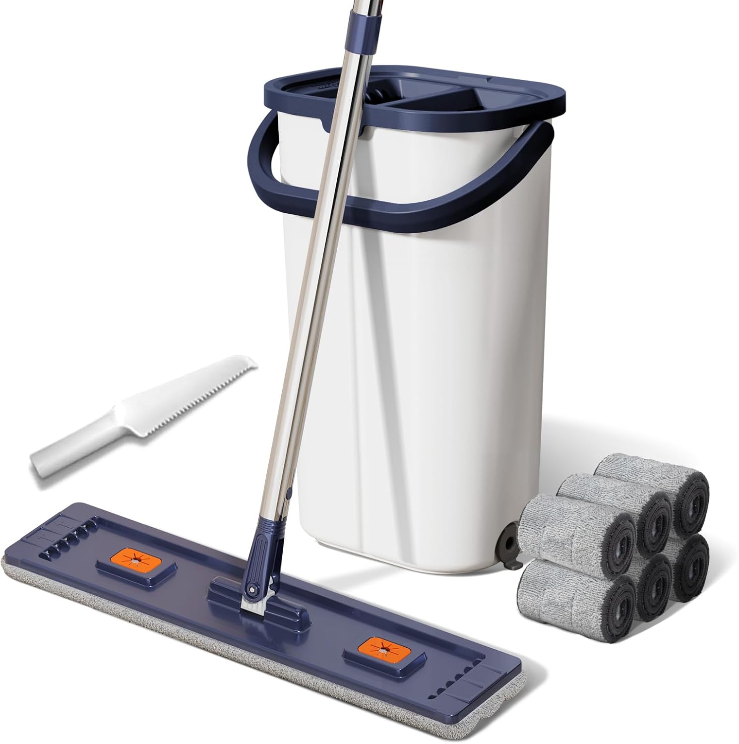 Mop and Bucket Set with Wringer for Home, 360° Flat Squeeze Mop with Long Handle and 6 Microfiber Cloths for Floor Cleaning (White+Blue, Square Bucket and 15.7'' Mop Head)
