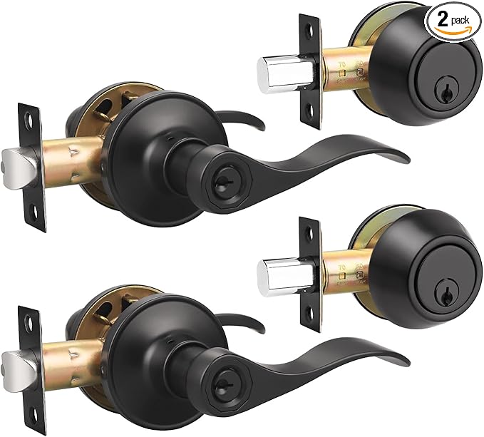 Gobrico 2 Pack Exterior Door Lever Lockset with Single Cylinder Deadbolt Black Door Handle with Deadbolt Lock Set Keyed Alike, Matte Black Finished