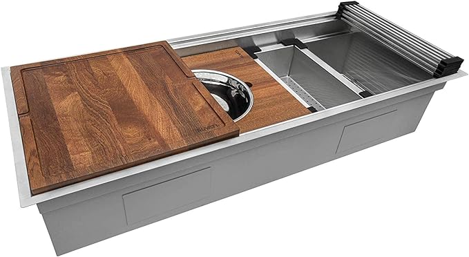 Ruvati 57-inch Undermount Workstation Kitchen Sink – 16 Gauge Stainless Steel Single Bowl with Ledges & Accessories – RVH8555