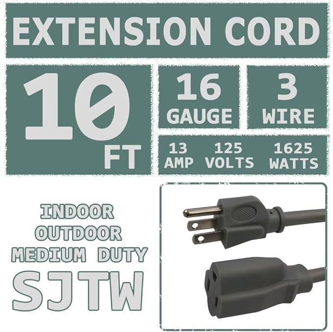 Indoor Outdoor Extension Cord 10 FT Waterproof, 16/3 Gauge Heavy Duty Gray Extension Cords, 13A 1625W SJTW Extension Cord with 3 Prong Grounded Plug, Great for Tools, Lights, UL Listed, 2PK
