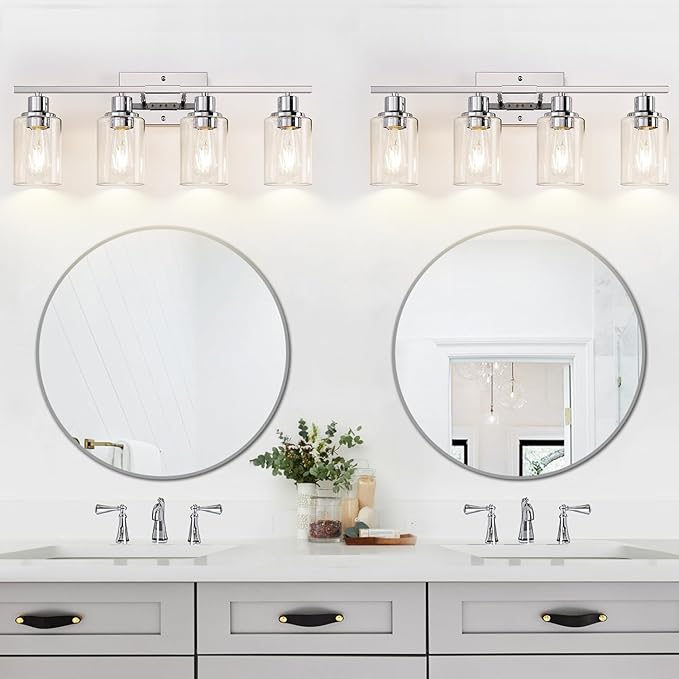 4 Light Bathroom Light Fixtures, Chrome Vanity Lights with Clear Glass Shades, Modern Bathroom Light Fixtures Over Mirror, Modern Bathroom Wall Lamp for Mirror Living Room Cabinet
