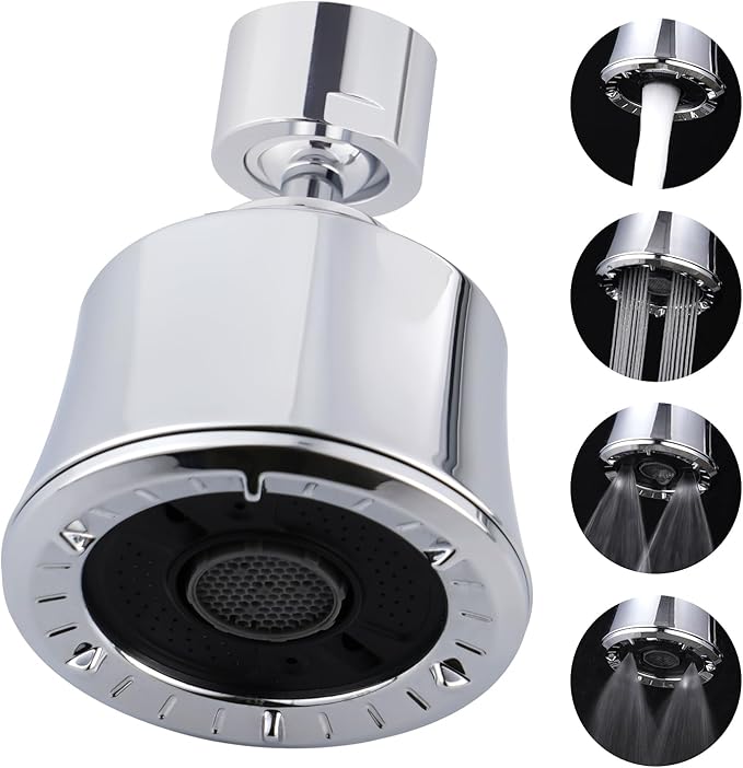 iFealClear Kitchen Sink Faucet Head, 360° Faucet Sprayer Attachment, 55/64-27UNS Large Angle Faucet Aerator Adapter with 2 Metal Swivel Joints, 4 Spray Modes, Extra 15/16" Male Thread Adapters, Chrome