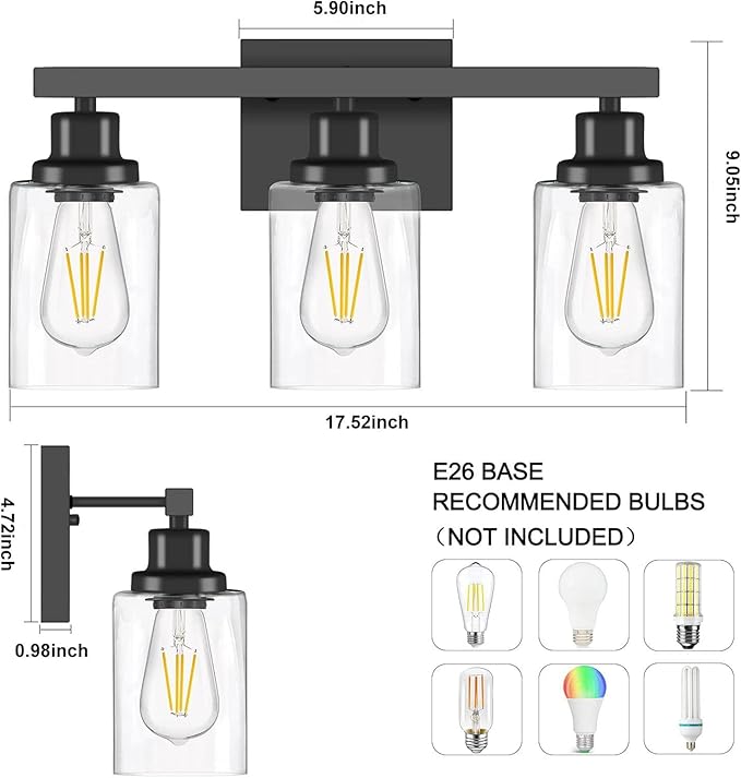 3-Light Bathroom Light Fixtures, Black Bathroom Vanity Light with Clear Glass Shade, Modern Bathroom Wall Lights Over Mirror, Farmhouse Wall Sconces Lighting for Bedroom LivingRoom