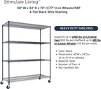 60"x24"x72" PRIME HEAVY DUTY Black 4-Tier Wire Shelving NSF 2400 LBS MAX Capacity Storage Rack for Commercial, School, Home, Garage, Warehouse, Industrial, and Hospital Uses (with Wheels)