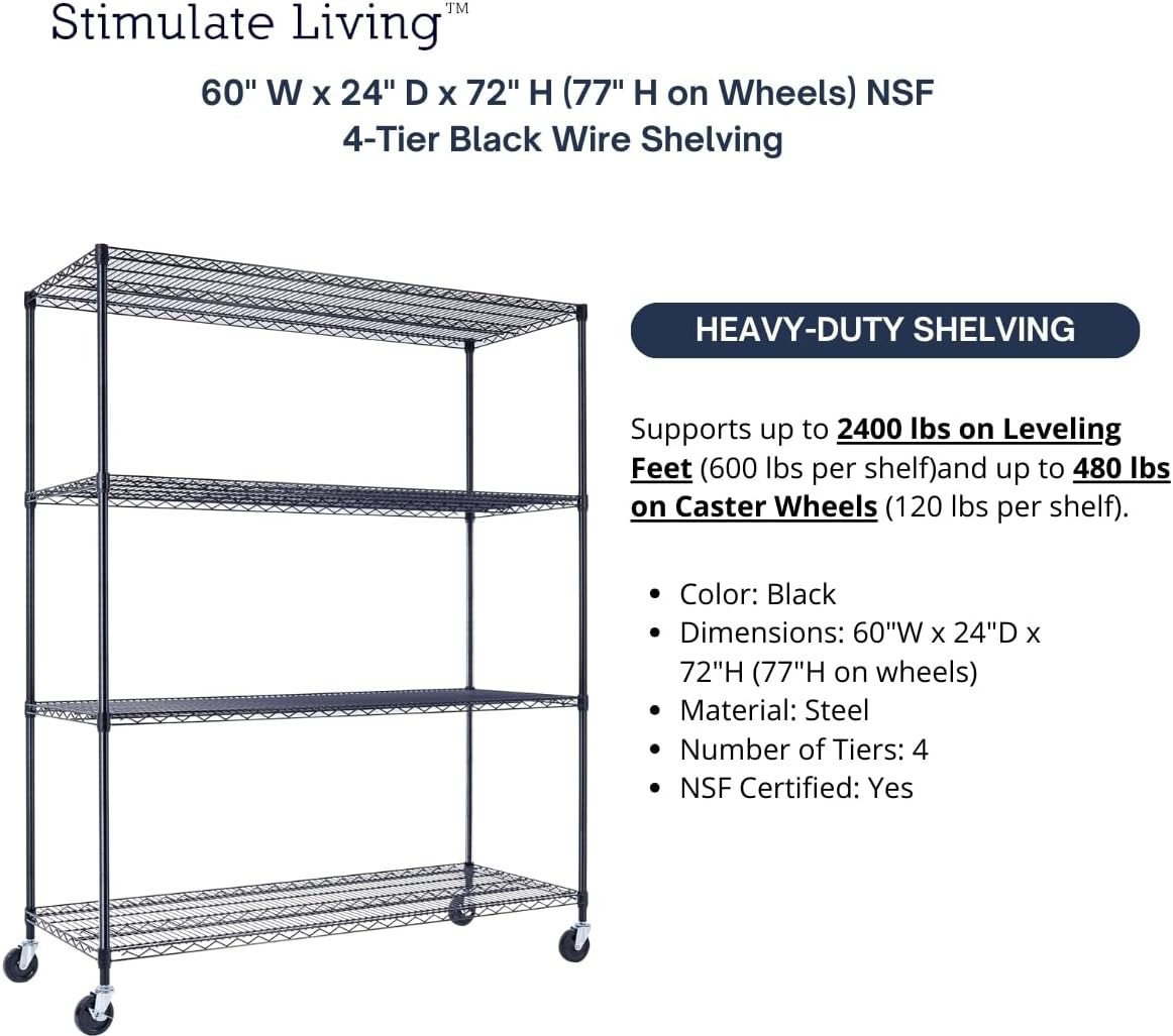 60"x24"x72" PRIME HEAVY DUTY Black 4-Tier Wire Shelving NSF 2400 LBS MAX Capacity Storage Rack for Commercial, School, Home, Garage, Warehouse, Industrial, and Hospital Uses (with Wheels)