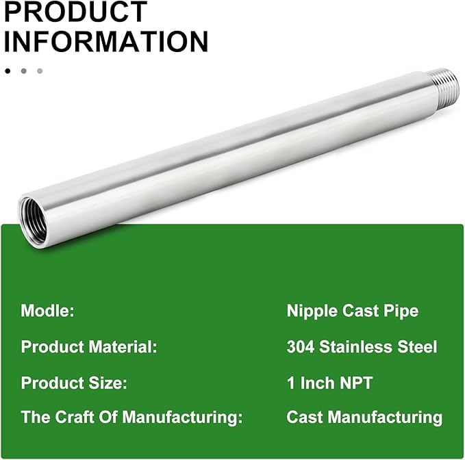 TAISHER 1PCS Stainless Steel Pipe Fittings, 1" NPT Male x 1" NPT Female Threaded, 10" Length Nipple Cast Pipe