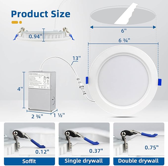 4 Pack LED Recessed Lighting 6 Inch,1800LM 16W=200W, 3000K Ultra-Thin Can Lights with Junction Box, Retrofit Dimmable Recessed Lights, Canless Wafer Downlight - ETL & Energy Star Certified