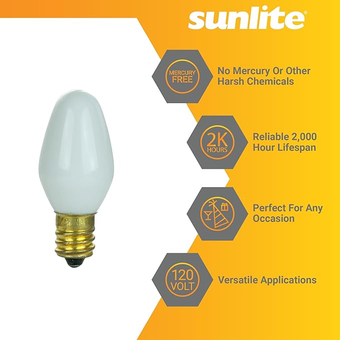 Sunlite 01285 7C7 Incandescent Bulb, 7 Watt, Candelabra E12 Base, C7 Small Night Light, Colored Bulb, White, 25 Count