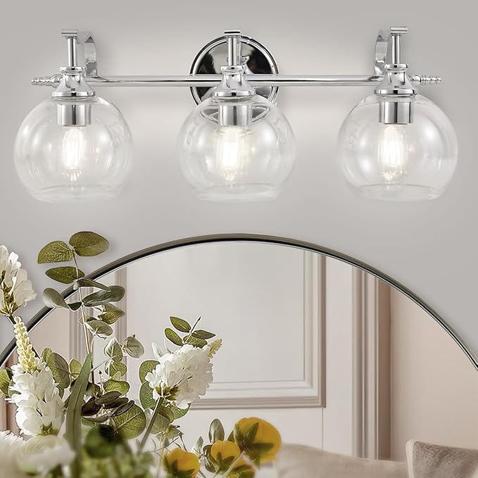 ANDY STAR Chrome Vanity Light, 3-Light Polished Silver Bathroom Light Fixture Over Mirror, Modern Wall Sconce with Clear Glass Shade, Industrial Wall Lighting for Living Room, Bedroom, Hallway, 22.3"