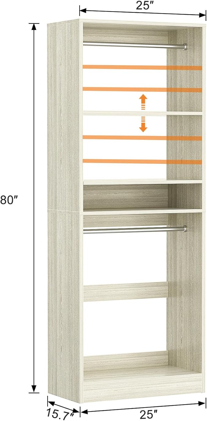 Unikito 25” Closet System, Freestanding Closets Organizer Wardrobe with Hanging Rods and Shelves, Adjustable Clothes Garment Racks, Sturdy Walk in Closet Tower, 25"W x 16"D x 80"H, White Oak