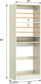 Unikito 25” Closet System, Freestanding Closets Organizer Wardrobe with Hanging Rods and Shelves, Adjustable Clothes Garment Racks, Sturdy Walk in Closet Tower, 25"W x 16"D x 80"H, White Oak