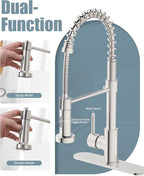 Kitchen Faucet Set, Commercial Kitchen Sink Faucets with Pull Down Sprayer and Soap Dispenser, Stainless Steel Faucets for Kitchen Sinks, Single Handle Spring Faucet with Deck Plate