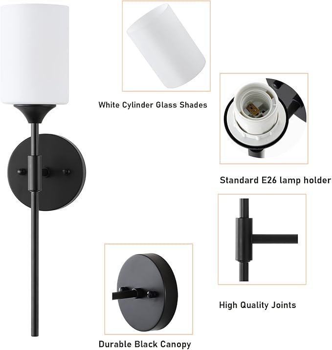 Mid Century Modern Wall Lamp 2 Pack with White Cylinder Glass Shades Matte Black Wall Sconce Bathroom Vanity Lighting Industrial Farmhouse Wall Light Fixtures for Mirror Bedroom Living Room