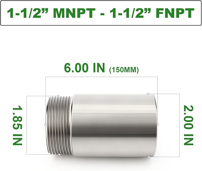 TAISHER 1PCS Stainless Steel Pipe Fittings, 1-1/2" NPT Male x 1-1/2" NPT Female Threaded, 6" Length Nipple Cast Pipe