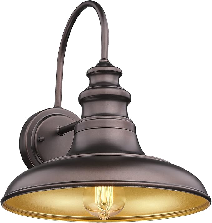 Outdoor Barn Light Fixture Farmhouse Wall Mount Light Gooseneck Wall Sconce Exterior Wall Lighting Fixture Industrial Bronze Finish Lantern for Porch with Gold Interior, 1Pack, RZ004 ORB