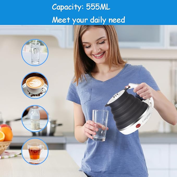 Ultrathin Upgraded Food Grade Silicone Travel Foldable Electric Kettle Boil Dry Protection Portable with Dual Voltage and Separable Power Cord,555ML 110-220V US Plug