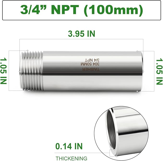 TAISHER 2PCS 304 Stainless Steel Pipe Fittings, 3/4" NPT Male Threaded, 4" Length Weld Nipple Cast Pipe