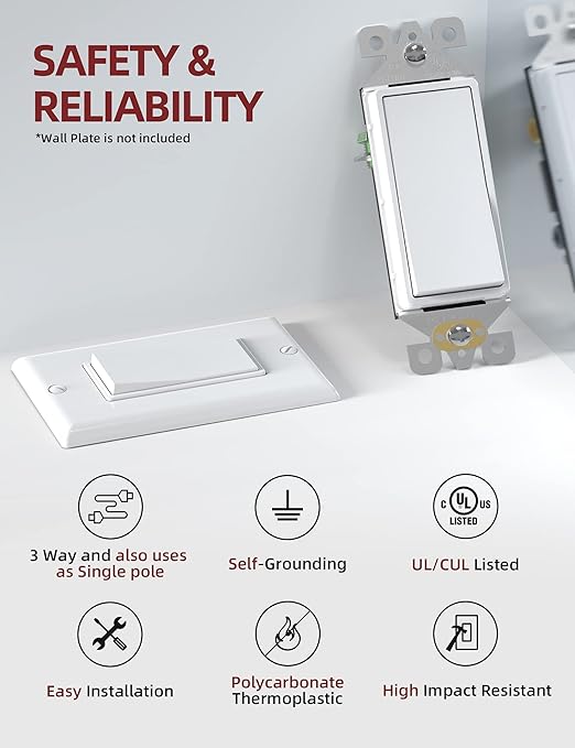 AIDA 10 Pack 3 Way Decorative Light Switch, 15Amp, 120/277 Volt, AC Decorator Rocker Paddle Wall Switch Replacement, UL Listed - Residential and Commercial Grade,Glossy White