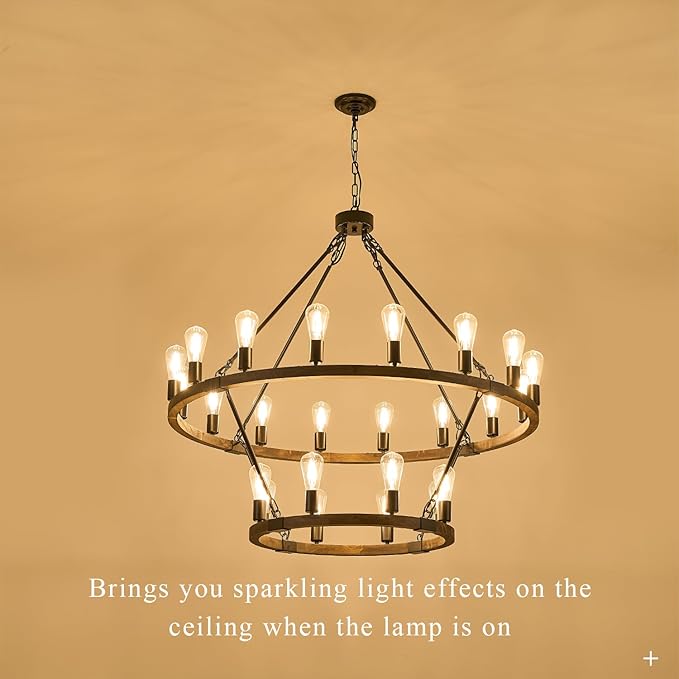 2 Tier Wooden Wagon Wheel Chandelier 43.3'' Farmhouse 24 Lights(16+8) Black Rustic Light Fixture 2-Story Round Wood Chandelier for High Ceiling Living Dining Room Foyer Villa