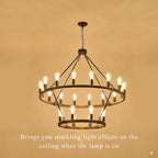 2 Tier Wooden Wagon Wheel Chandelier 43.3'' Farmhouse 24 Lights(16+8) Black Rustic Light Fixture 2-Story Round Wood Chandelier for High Ceiling Living Dining Room Foyer Villa