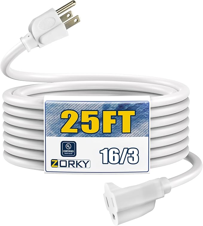 25ft Outdoor Extension Cord - 16/3 Heavy Duty SJTW Waterproof White Electrical Cable with 3 Prong Grounded Plug for Safety, Great for Lawn and Major Appliances