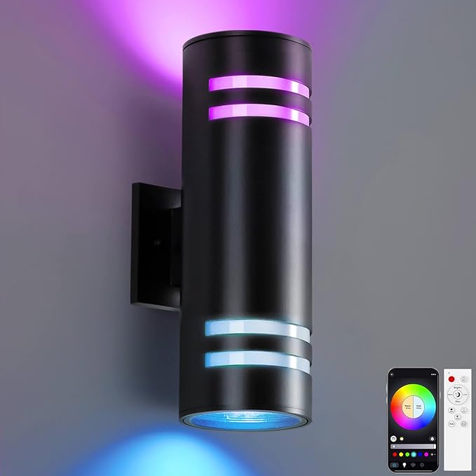 KIZON Smart Outdoor Wall Light, Modern RGBCW Sconce Color Changing, Dimmable Up and Down Lights Black Outdoor Light Fixture App Control with Remote Compatible with Alexa Google Assistant, ETL Listed