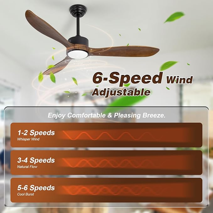 52inch Brown Wood Ceiling Fan with Light and Remote, Silent DC Motor,6 Speed Levels, Dimmable Lights, 3 Blade Modern Ceiling Fans for Living Room Bedroom Farmhouse Patio,Indoor Outdoor Ceiling Fans