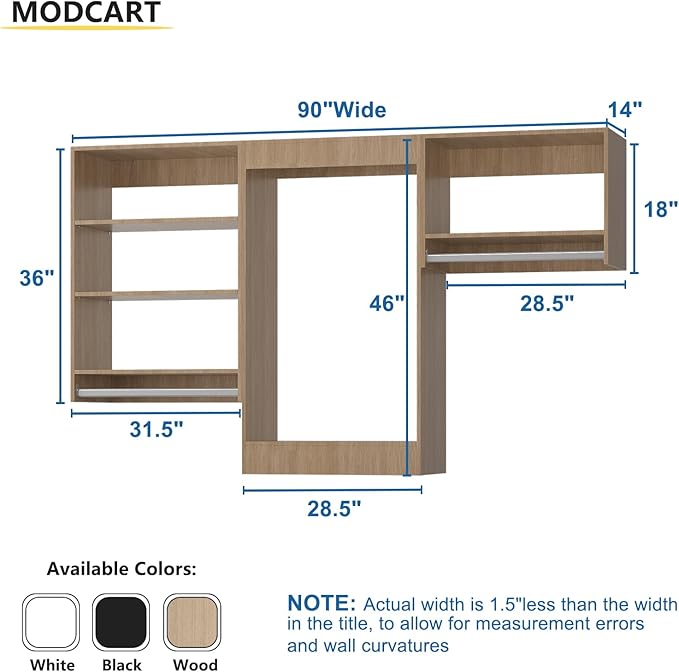 Modular Closet Organizer, 90" Wide, Wood Tower Storage with Hanging Shelves, Wall Mounted for Bedroom