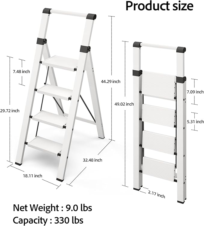 Taranta 4 Step Ladder, Lightweight Aluminum Step Stool with Convenient Handgrip, Folding Ladder with Anti-Slip Pedals, 330lbs Capacity Stepladder for Home, Office, Kitchen - White