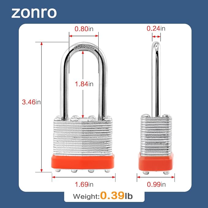ZonRo Locks Laminated Steel Keyed Padlocks,Keyed Alike Locks, 1-9/16 inch Wide,Long Shackle Padlocks, Pack of 12，Orange Hoop, for Hasp Latch, Sheds, Fences, Storage Locker, School, Gym