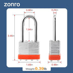 ZonRo Locks Laminated Steel Keyed Padlocks,Keyed Alike Locks, 1-9/16 inch Wide,Long Shackle Padlocks, Pack of 6，Orange Hoop, for Hasp Latch, Sheds, Fences, Storage Locker, School, Gym