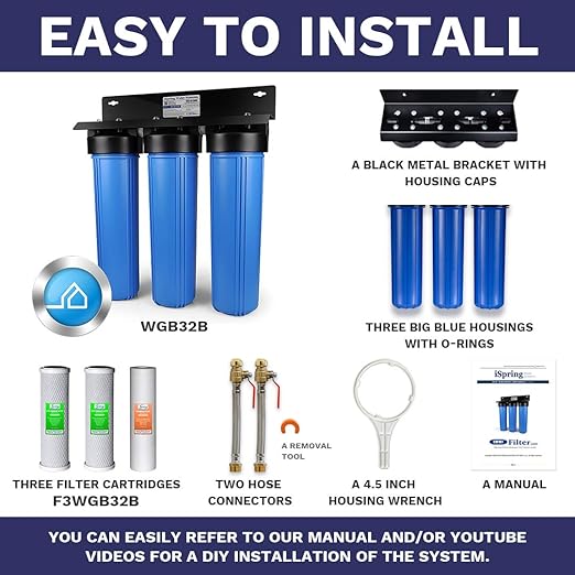 iSpring WGB32B+AHPF12MNPT16X2 3-Stage Whole House Water Filter System, Reduces Chlorine, Sediment Home Water Filtration System w/ 3/4'' Push-Fit Braided Stainless Steel Hose Connectors