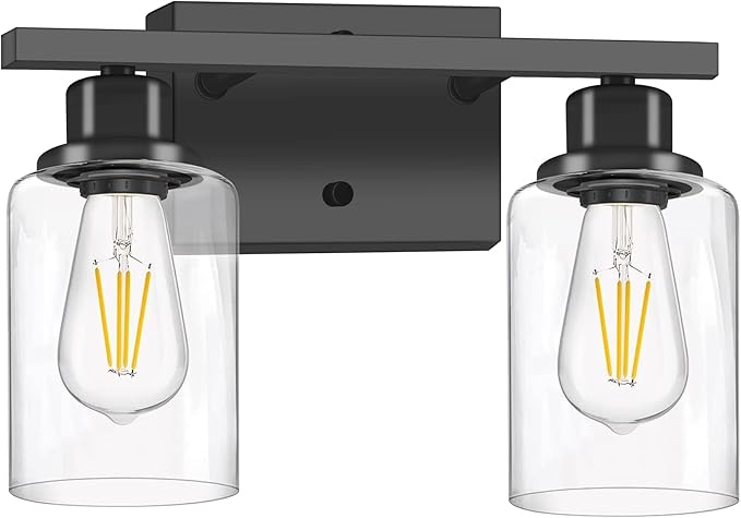 Bathroom Vanity Light, 2-Light Modern Matte Wall Sconce Lighting with Clear Glass Shade, Wall Lights,Bath Vintage Wall Mounted Lamps for Mirror Bedroom Living Room