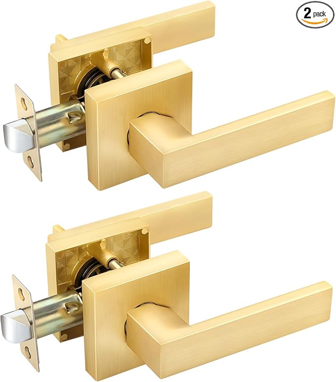 EHOMEWARE 2 Pack Closet Door Handles Interior Non-Locking Lever Set for Hallway Door or Closet with Satin Brass Finish, Reversible for Right or Left Side
