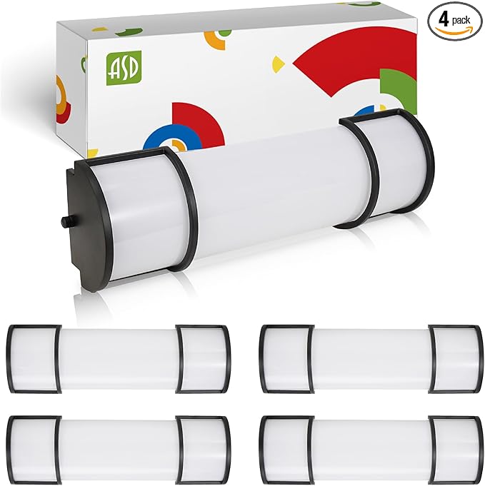 ASD LED 18" Vanity Flush Mount Light Fixture, Linear Bathroom Lighting Bar | 3CCT, Dimmable, Energy Star, ETL Listed | 20W 1650LM 3000-5000K 120V | Long Bath Wall Sconce Over Mirror | Black, 4 Pack