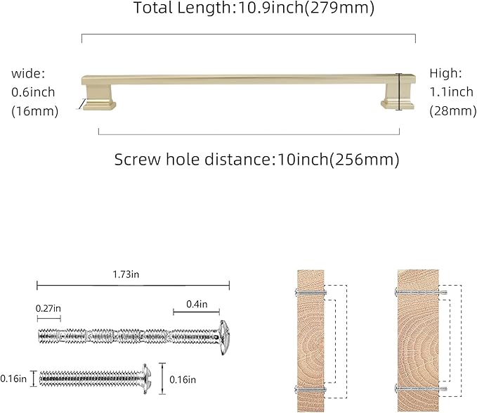 COTYKILEY 10 Pack 10 Inch(256mm) Brushed Brass Cabinet Handles Gold Kitchen Cabinet Pulls Cabinet Door Handles Kitchen Cabinet Hardware